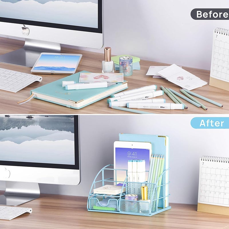 Scindaly Blue Office Desk Accessories Supplies, 10pcs Desk Organizers and Accessories with Tape Dispenser and Stapler,Staples,Scissor,Ruler,Sticky Tabs,Tape,Ballpoint Pen,Clips Set - Image 4